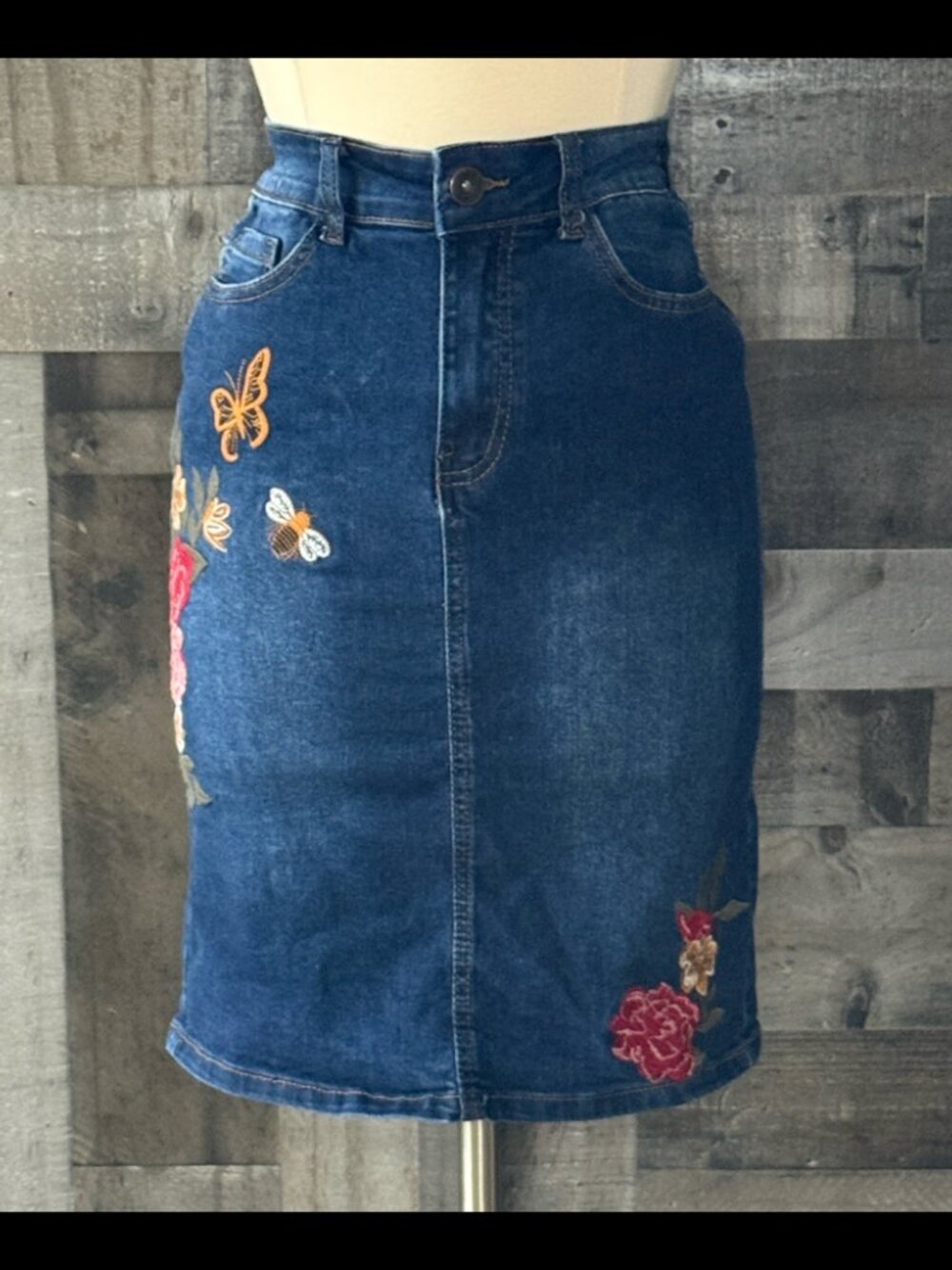 Tala jean skirt medium floral embroidery butterfly bee festival boho denim